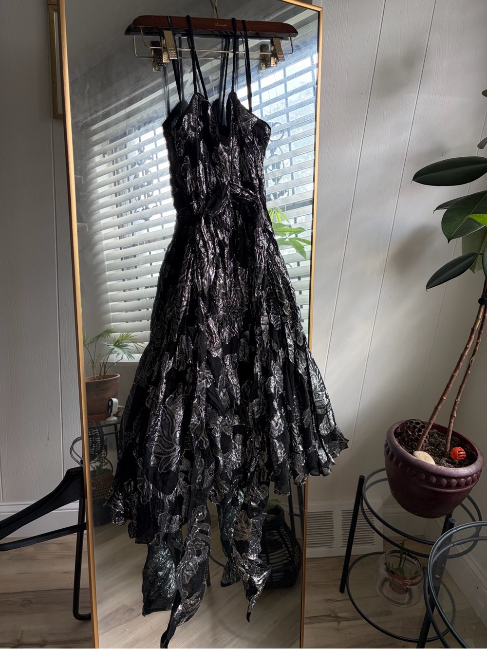 Calvin Klein Black Metallic Floral High-Low Evening Dress